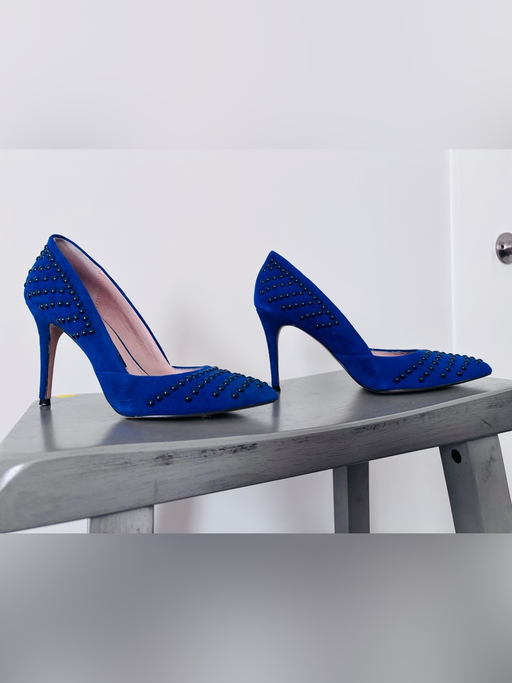 French Connection Cobalt Blue Stud-Embellished Pointed-Toe Heels